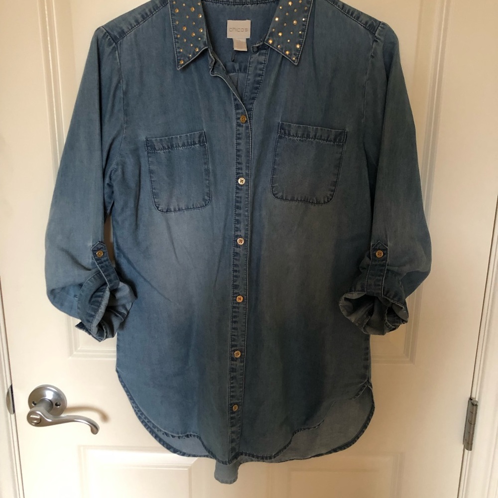 Chico’s Women’s Blue Big Shirt. Gold Rhinestones on Collar,Gold Buttons. Size 1